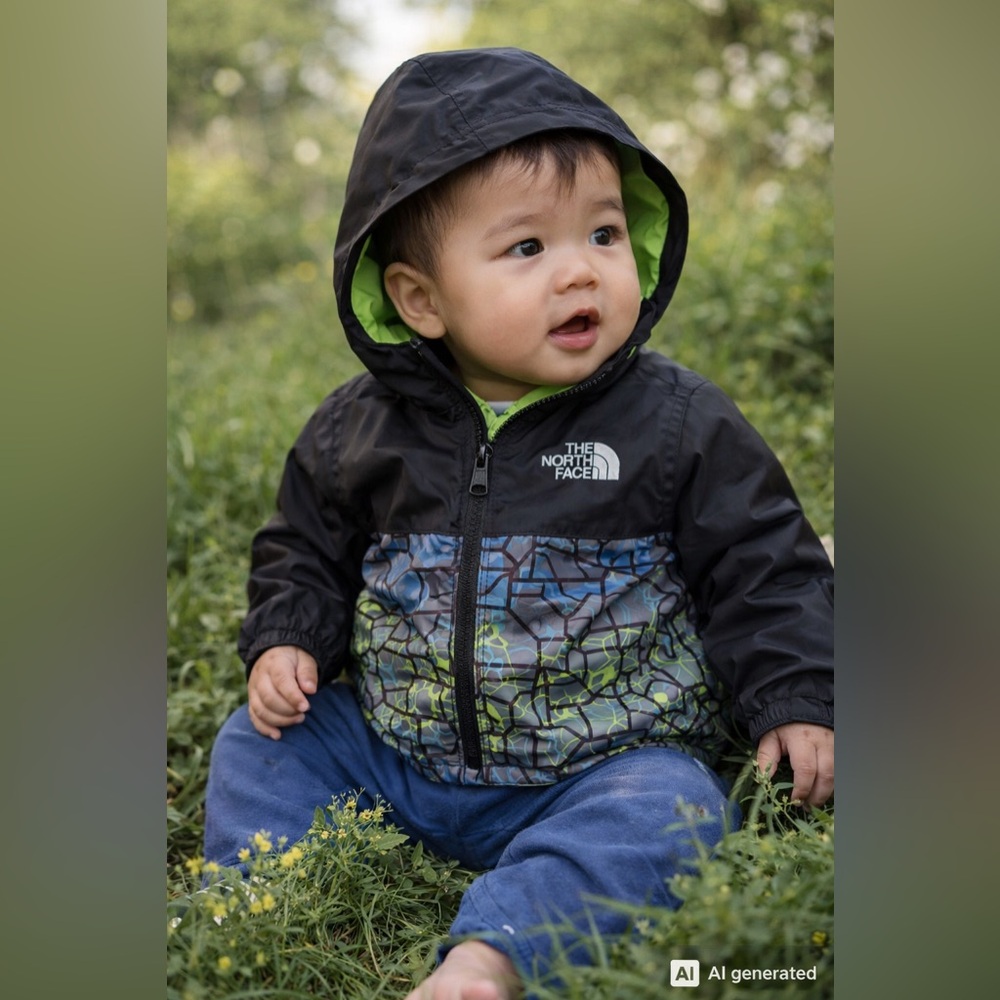 Infant North Face Black and Green Patterned Rain Jacket (3-6 months)
